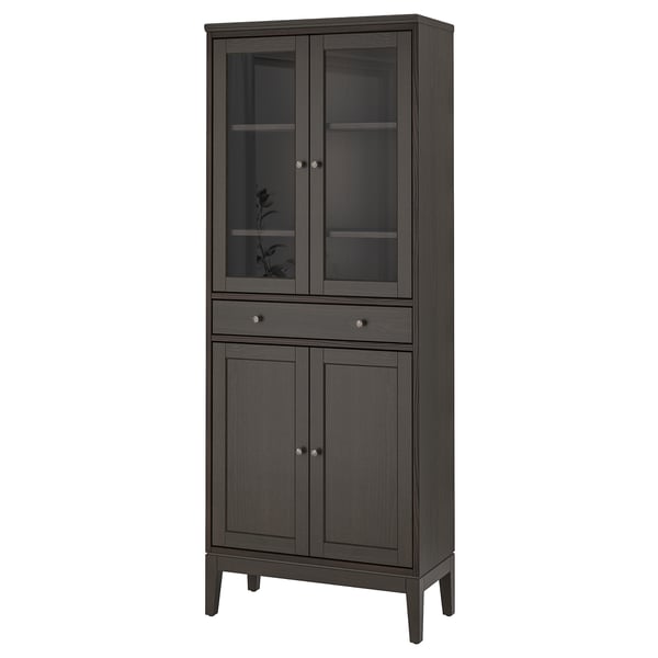 A dark grey IDANÄS display cabinet with glass doors and wooden drawers. It a sleek, modern design with a tall, rectangular shape.