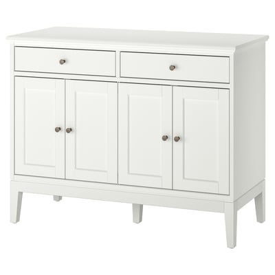 White IDANÄS sideboard with 2 drawers and bifold doors, rectangular shape.