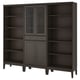 Dark wooden storage unit with glass doors, featuring multiple shelves and drawers for storage.