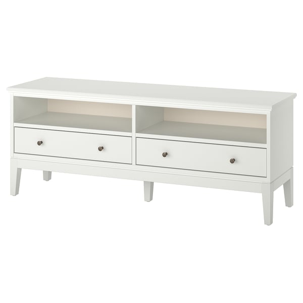 Ikea idanas white tv bench, rectangular, with 2 open shelves and 2 drawers, sleek modern design.
