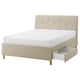 A beige IDANÄS upholstered bed with a buttoned headboard and drawers for storage.