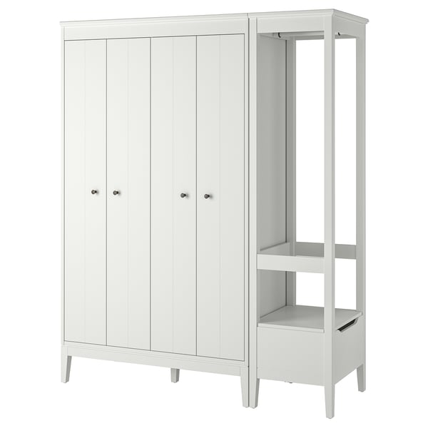 A white IDANÄS wardrobe with bifolding doors and adjustable shelves for organized storage.
