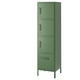 A tall, green metal storage locker with three compartments, two with doors and one with a drawer.