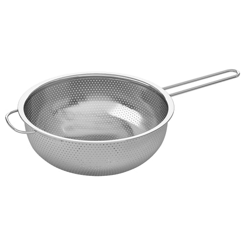 Stainless steel colander, round shape, two side handles, white background.