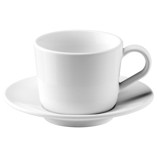 IKEA white porcelain coffee cup and saucer set, simple and elegant design.