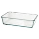 Ikea clear glass container, rectangular, for cooking, serving, and storing food.
