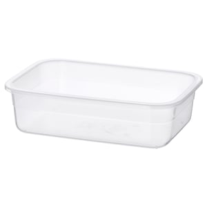 Clear plastic rectangular food storage container by IKEA 365+, designed for leftovers, durable and stackable.