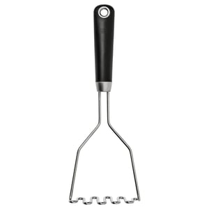 Black kitchen masher with silver metal wires, rubber-coated grip, and hanging hole from IKEA 365+.
