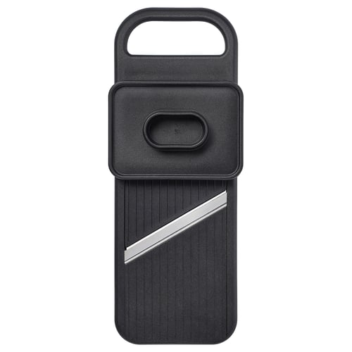 Black IKEA 365+ adjustable slicer with loop handle, ribbed grip, and silver stripe detail.