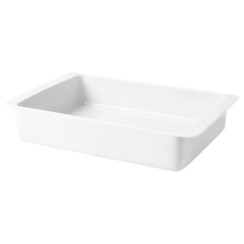 This is a white IKEA 365+ large oven dish. Its made of durable feldspar porcelain, featuring a timeless shape and practical handles for easy carrying.