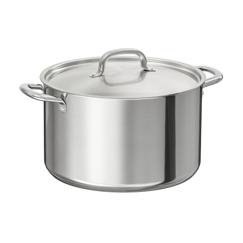 IKEA 365+ stainless steel stockpot, polished silver, rounded design with two side handles and a flat lid.