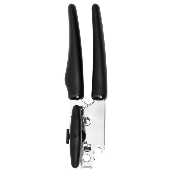 Ikea can opener: black, stainless steel, plastic handles, ergonomic design.