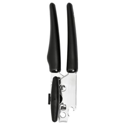 Ikea can opener: black, stainless steel, plastic handles, ergonomic design.