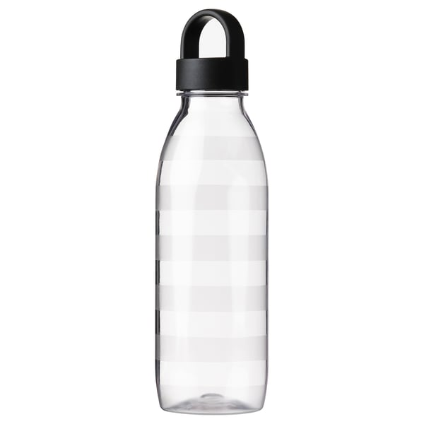 Clear IKEA 365+ water bottle with black lid and handle, rectangular shape, and textured design.