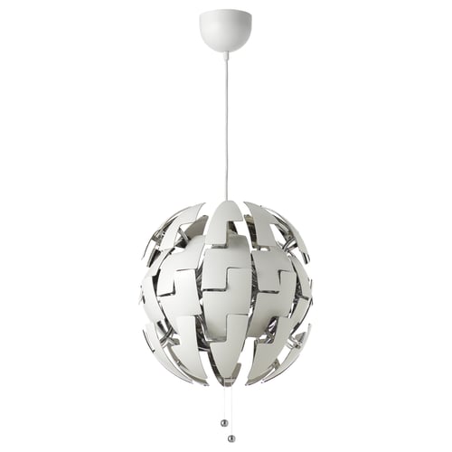 Modern hanging lamp: IKEA PS 2014, white chrome, spherical shape, geometric design, pulls adjust light.