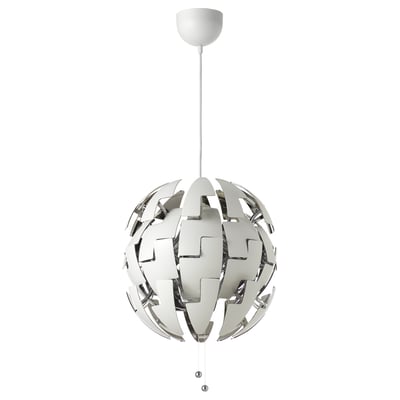 Modern hanging lamp: IKEA PS 2014, white chrome, spherical shape, geometric design, pulls adjust light.