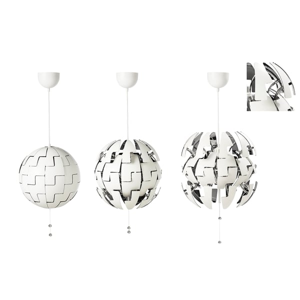 Three spherical pendants, intricate, adjustable. Middle shows wall pattern, upper right adjusts light.