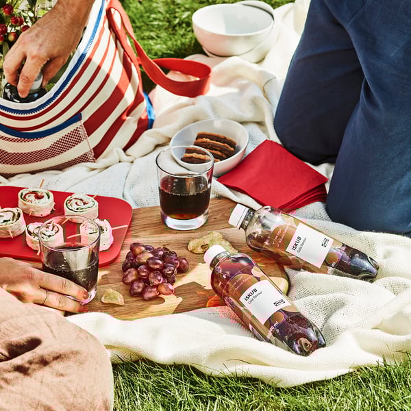 Two people enjoying a picnic with ISKUB cola, sandwiches, grapes, and cookies on a blanket.