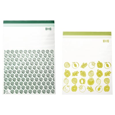 Two ikea ISTAD resealable bags: one green, one yellow, with fruit designs, made of polyethylene.