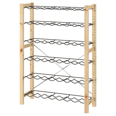 IVAR wooden wine rack, natural color, 5 tiers of black wavy metal holders.