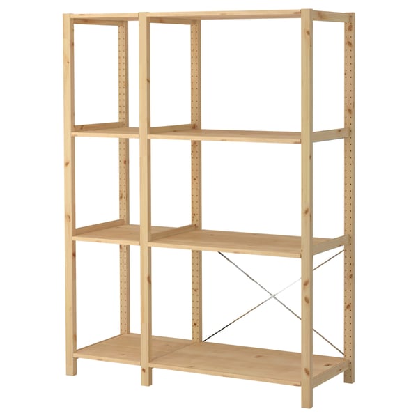 IVAR pine shelf unit with four adjustable shelves, natural wood color, rectangular shape, and simple design.