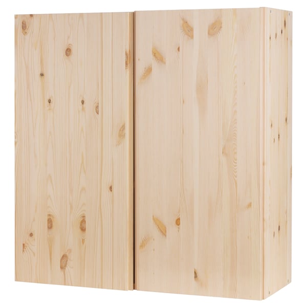 Light-colored wooden storage cabinet, square-shaped with two doors, part of IVAR series.
