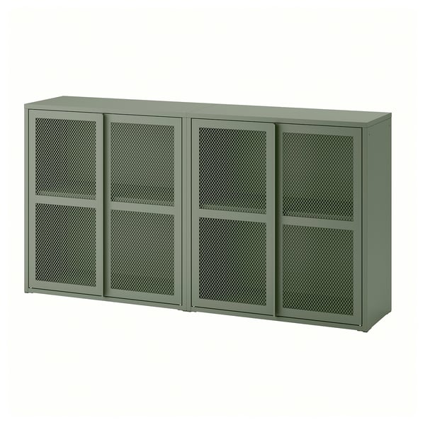 An olive green IVAR metal cabinet with mesh doors, rectangular and modern in design, offering closed storage.