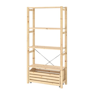 IVAR wooden shelf, light brown, rectangular shape with 4 shelves and metal cross-bracing for stability.