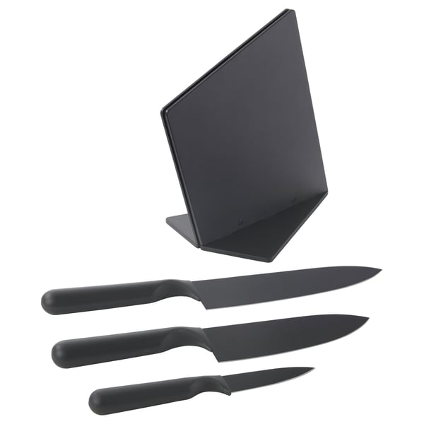 Black knife set with block, featuring non-stick blades and ergonomic handles, ideal for kitchen prep.