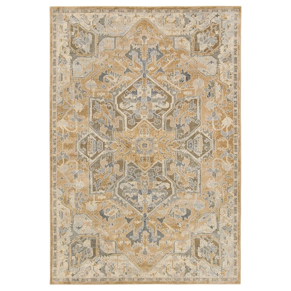 A beige and grey JÄRNVÄG area rug with intricate patterns. It has a rectangular shape.