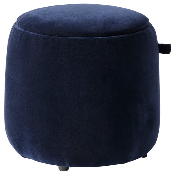 Blue velvet round low stool or footrest with conical shape, soft and stylish, offering storage.