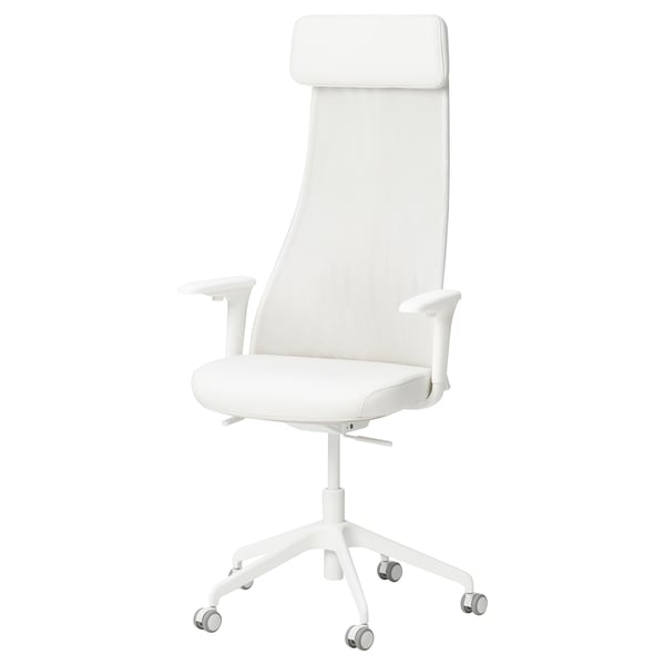 White ergonomic office chair, high back, mesh, adjustable support, casters.