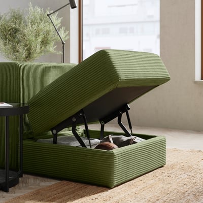 Green JÄTTEBO sofa displays storage, soft fabric, clean lines, comfort design.