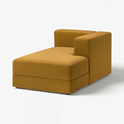 A mustard yellow JÄTTEBO modular sofa with a chaise lounge. It has a modern, sleek design with straight lines and a plush, textured fabric.