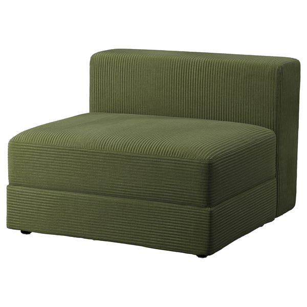 A dark green ikea JÄTTEBO sectional sofa with a ribbed texture and clean lines. It has a thick, comfortable corduroy fabric thats soft to the touch.