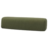 An olive green, oval-shaped JÄTTEBO cushion with a textured, wide-wale corduroy surface made from recycled polyester.