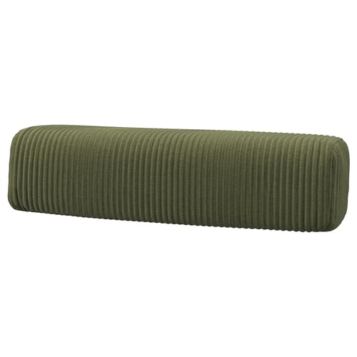 An olive green, oval-shaped JÄTTEBO cushion with a textured, wide-wale corduroy surface made from recycled polyester.