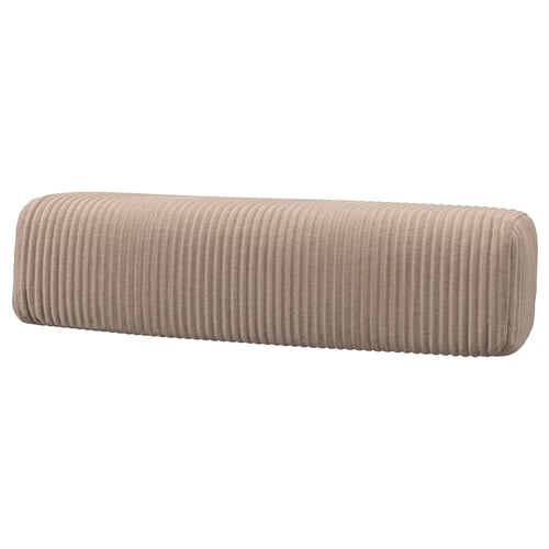JÄTTEBO cushion in soft beige corduroy, cylindrical shape with textured design, made from recycled polyester.