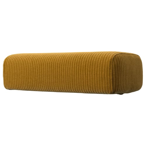 A JÄTTEBO cushion. Its mustard yellow, rectangular, with a deep, soft textured fabric. Made from recycled polyester.