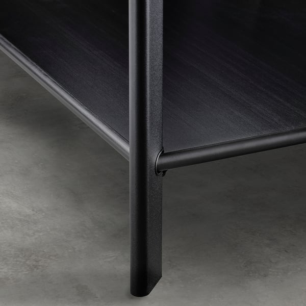 JÄTTESTA black shelf, sleek modern design, bamboo wood shelves, metal legs angled 45 degrees.