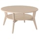JAKOBSFORS round light wood coffee table, sleek design, three angled legs, shelf underneath.