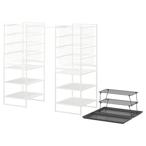 White JONAXEL shelving units with plastic baskets, and a black wire cooling rack.