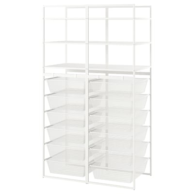 A white JONAXEL storage system. It multiple shelves with wire mesh baskets for organised storage.