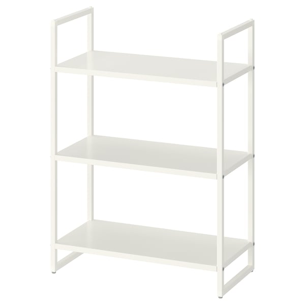 JONAXEL white metal shelving unit, modern minimalist design with three open shelves, ideal for any room.