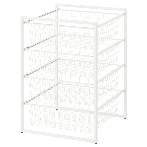 White JONAXEL storage unit, 5 wire baskets, metal frame, organising shelves.
