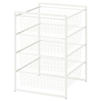 White JONAXEL storage unit, 5 wire baskets, metal frame, organising shelves.