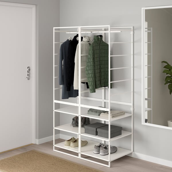 White JONAXEL wardrobe with shelves & hanging space near door & window