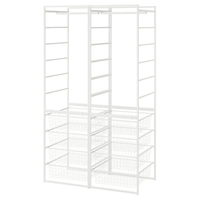 A white JONAXEL storage unit, featuring multiple shelves and hanging rails, ideal for organizing clothes and accessories.