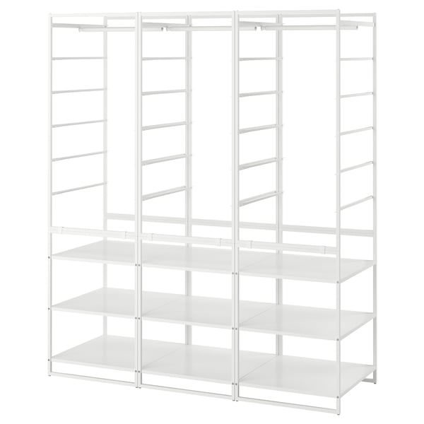 A white JONAXEL storage unit with multiple shelves and hanging rods, made of metal.