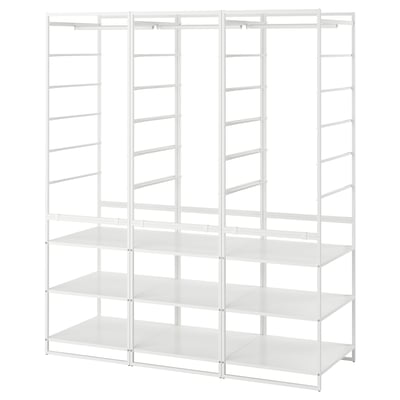 A white JONAXEL storage unit with multiple shelves and hanging rods, made of metal.